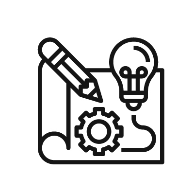 Diseño de prototipos gráficos pictograma de una hoja con un lápiz una lámpara para indicar una idea y una herramienta mecánica para indicar un movimiento gráfico