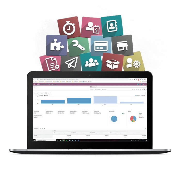 Aplicaciones Odoo sobre un portátil mostrando las habilidades del sitio web de The Service Company