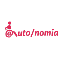 autonomia auto/nomia logo alt en forme de signe ège roulant et avec une slash qui sépare les deux mots