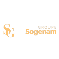 groupe sogenam le S et le G sont imbrique ensemble avec une couleur orange clair et une barre qui sépare le logo du nom de l'entreprise