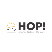 hop! healthy original products antes del título hay una portada que lo continúa con el eslogan debajo hop y un signo de exclamación para resaltar el nombre de la empresa.